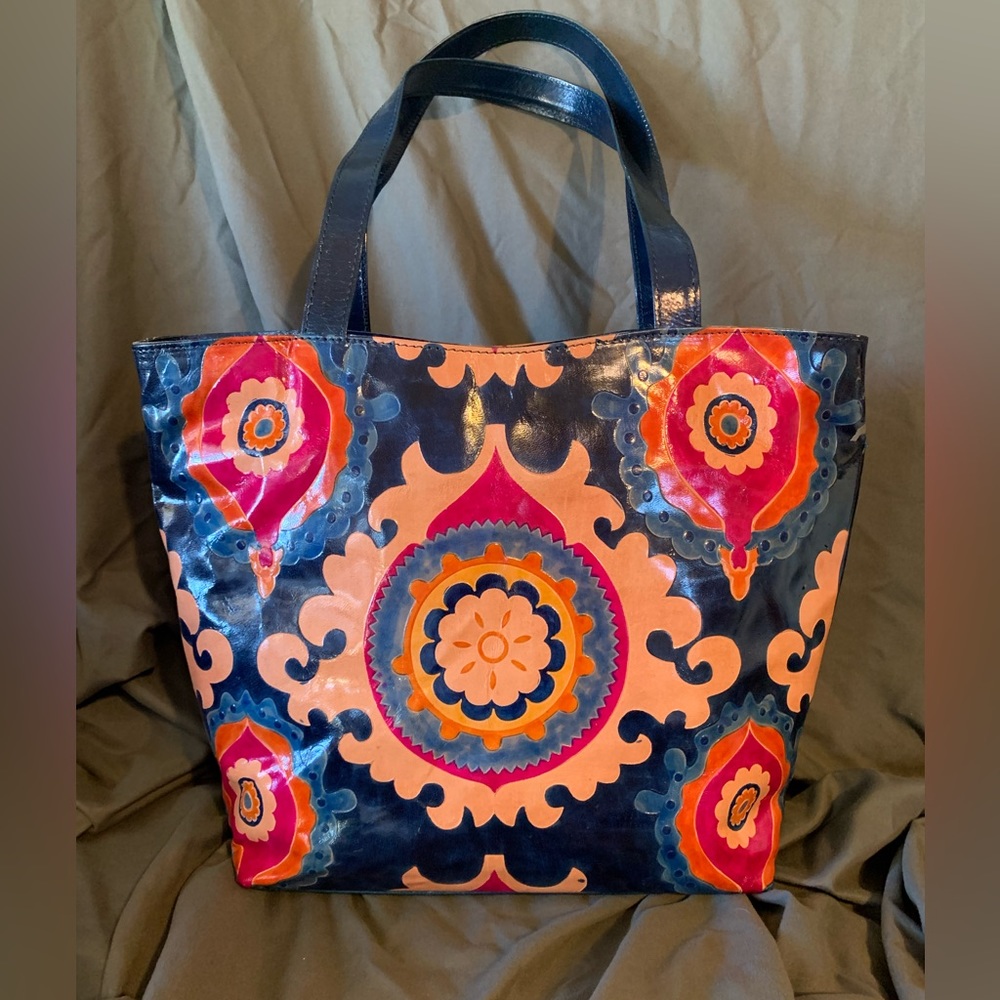 VIVID BY SUKRITI Navy Blue Floral Pattern 100% Genuine Leather Tote